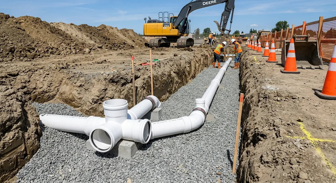New PVC sewer pipe installation in open trench for Grease Trap Cleaning in South Williamsport