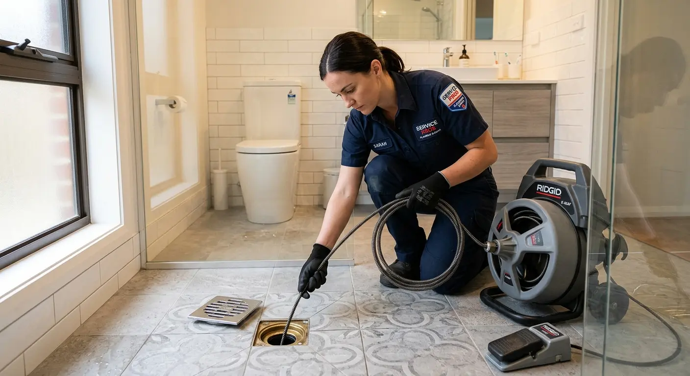 Technician clearing a bathroom floor drain for Sewer Line Installation in South Williamsport